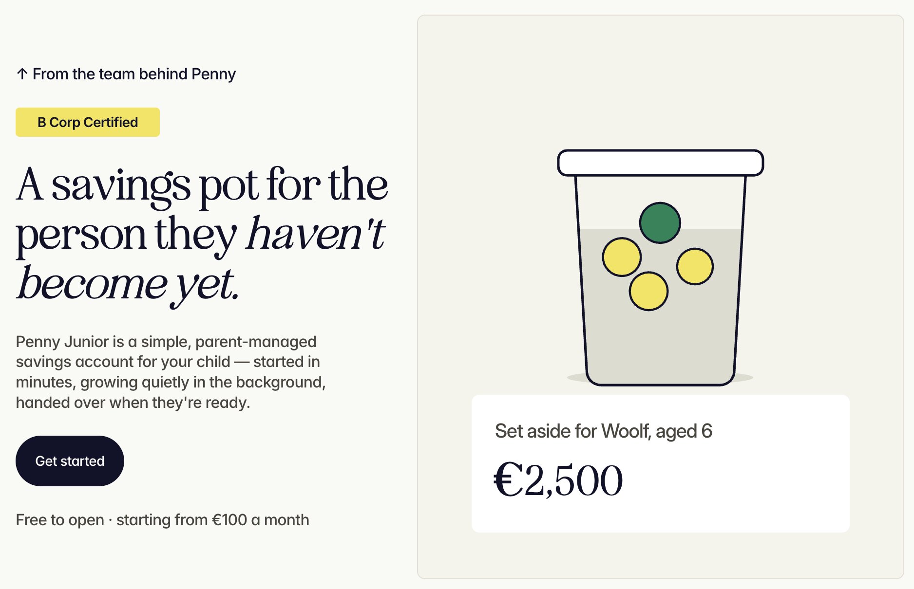 Penny Junior: A savings pot for the person they haven’t become yet — a savings jar showing €2,500 set aside for a six-year-old