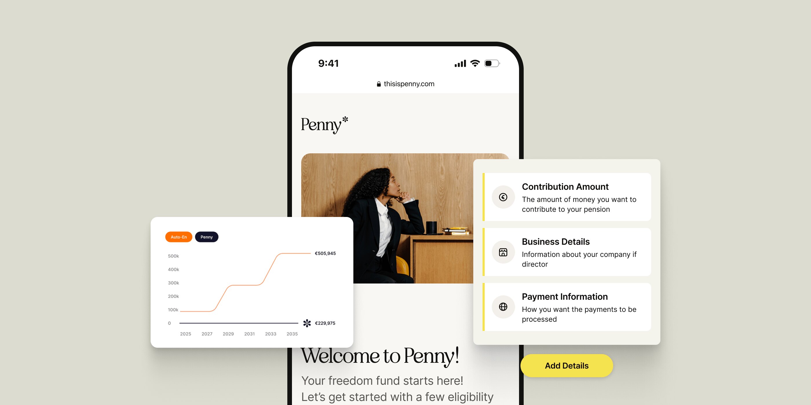 The Penny pension journey: the Penny welcome screen on a phone, a chart comparing Penny with auto-enrolment, and the sign-up steps for contribution, business and payment details